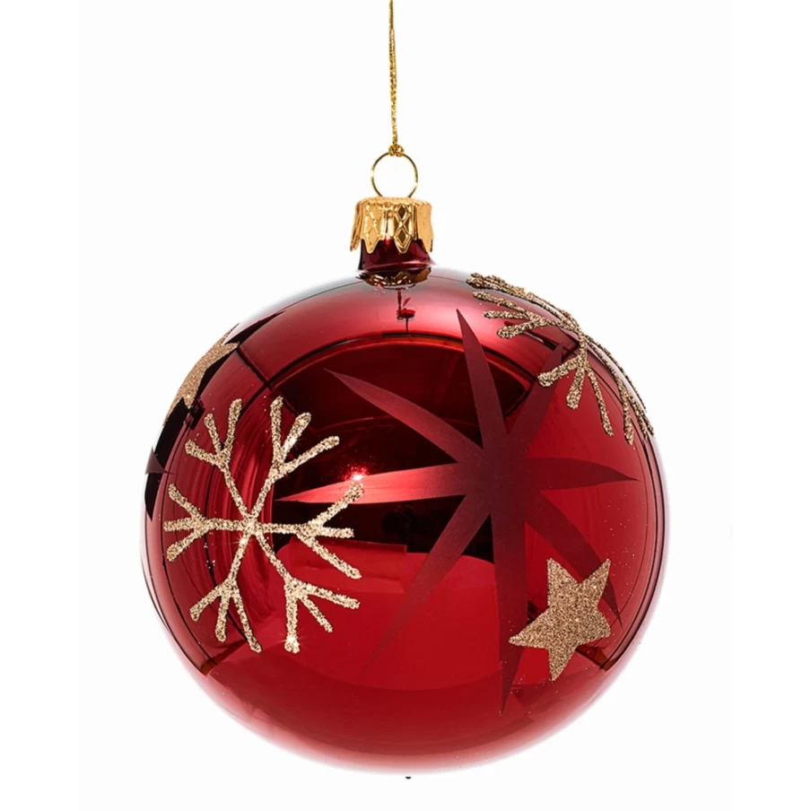 Käthe Wohlfahrt Red Glass Christmas Bauble with Golden Stars and Snowflakes, 10cm Holiday Ornament