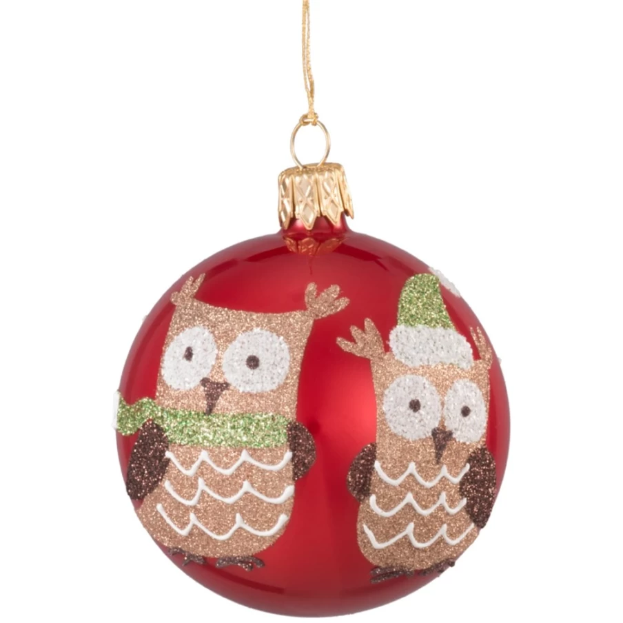Käthe Wohlfahrt Red Glass Bauble with Two Owls – 7cm Christmas Ornament