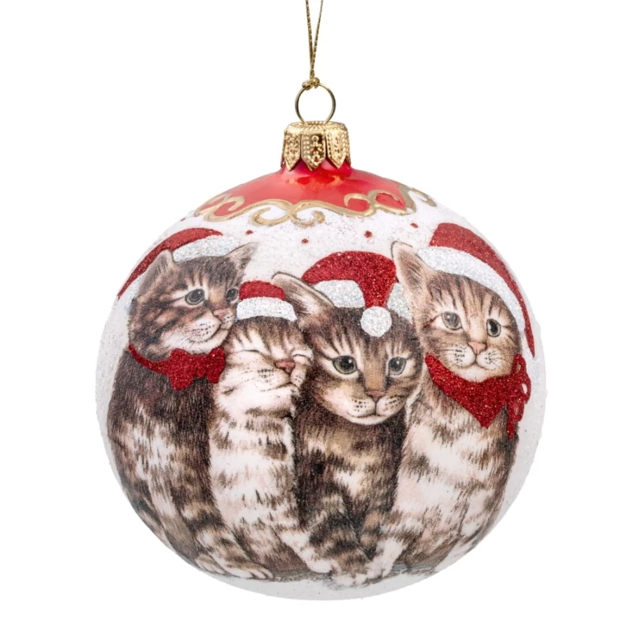 Käthe Wohlfahrt White Christmas Cat Glass Bauble - 10cm Handmade Ornament for Holiday Decor