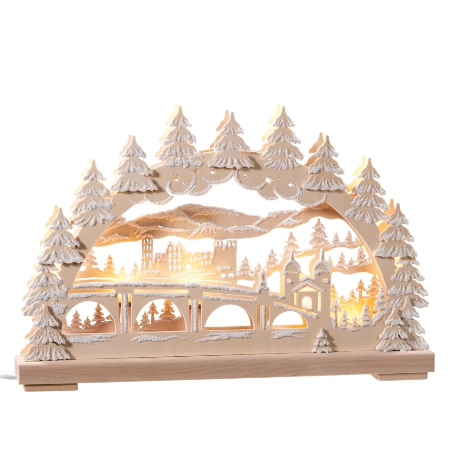RATAGS Holzdesign Heidelberg In Winter Schwibbogen - Traditional German Christmas Arch Light with USB Port, 230V, Handmade Wooden Decor