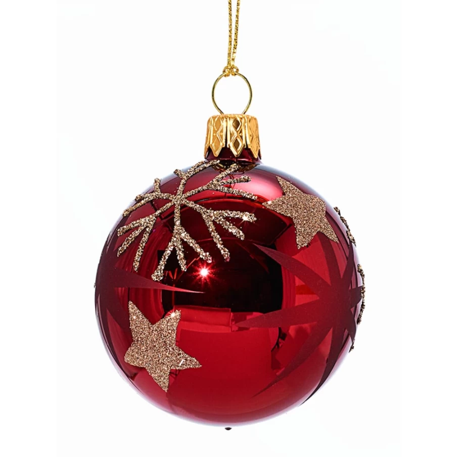 Käthe Wohlfahrt 6cm Red Glass Christmas Bauble with Golden Stars and Snowflakes Ornament