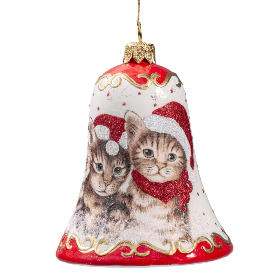"Käthe Wohlfahrt White Glass Christmas Bell with Cat Design – Festive Holiday Decor"