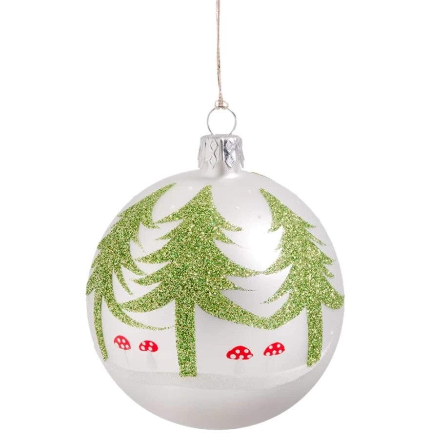 "Käthe Wohlfahrt 8cm White Glass Bauble with Enchanted Forest Trees and Mushrooms Christmas Ornament"