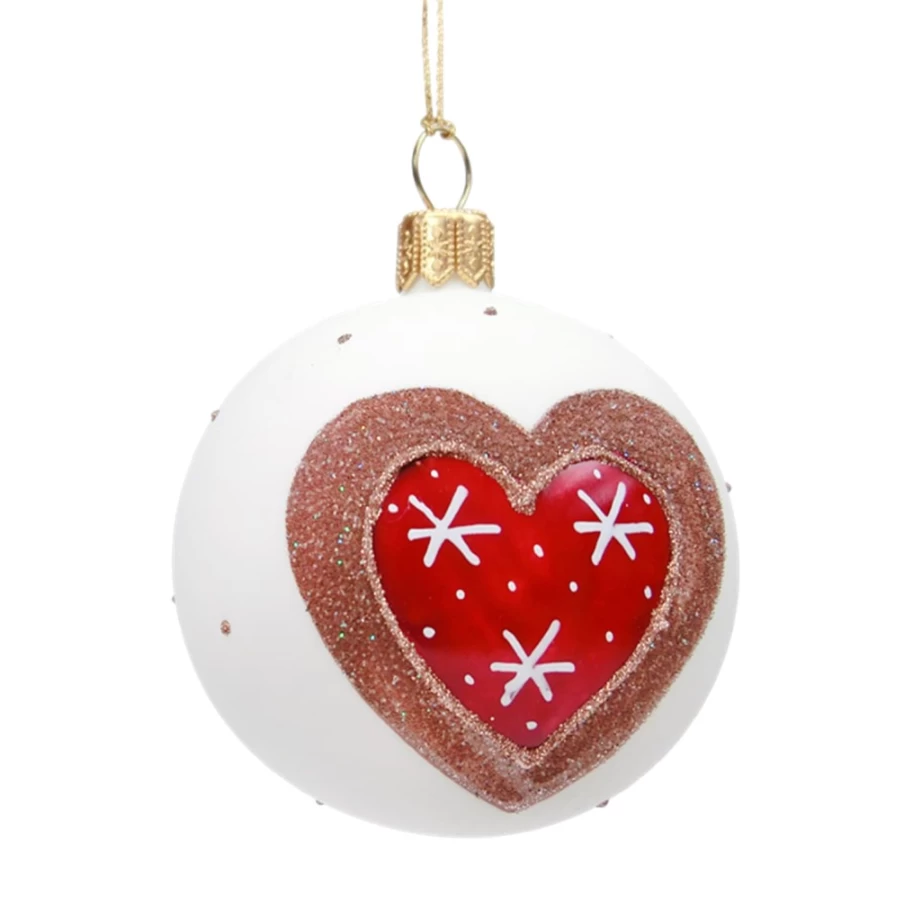 "Käthe Wohlfahrt 8cm White Glass Bauble with Gingerbread Heart Ornament"