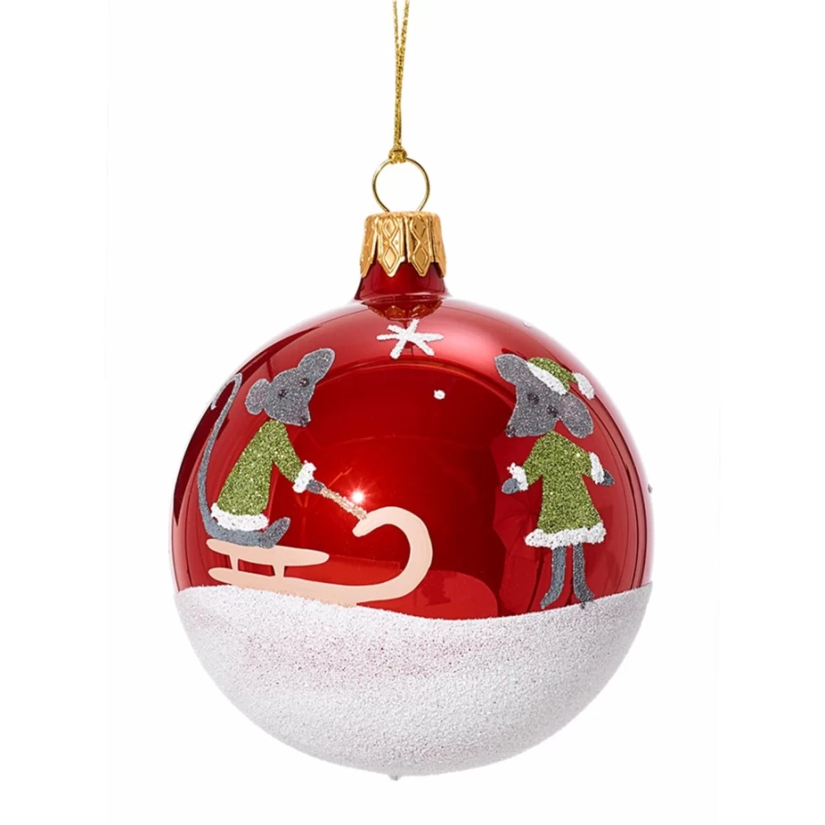 "Käthe Wohlfahrt Red Opal Glass Bauble with Sledging Mice – 7cm Christmas Ornament"